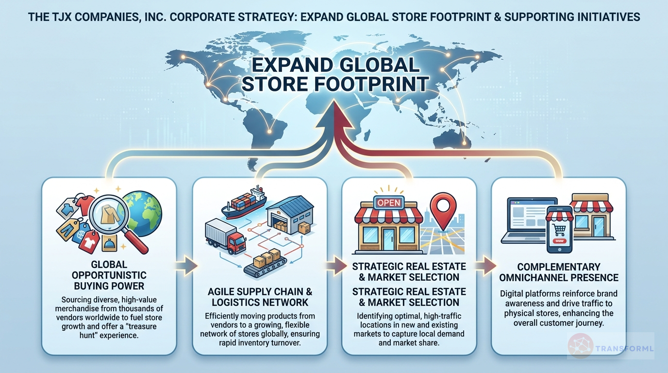 The TJX Companies, Inc. strategy cascade analysis highlighting Global Store Expansion and Market Penetration and Opportunistic Buying and Supply Chain Agility.