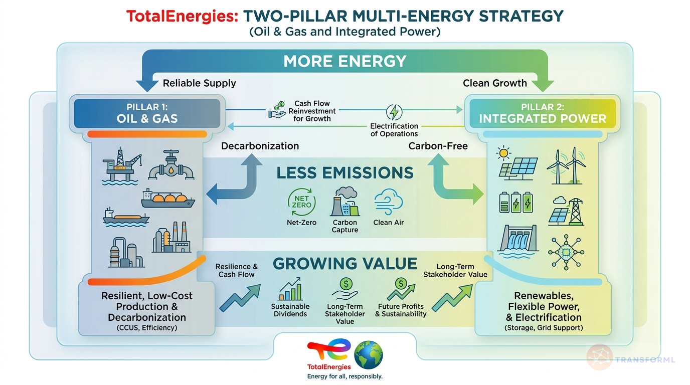 TotalEnergies strategy cascade analysis highlighting Two-Pillar Multi-Energy Strategy (Oil & Gas and Integrated Power) and More Energy, Less Emissions (Decarbonization and LNG Growth).