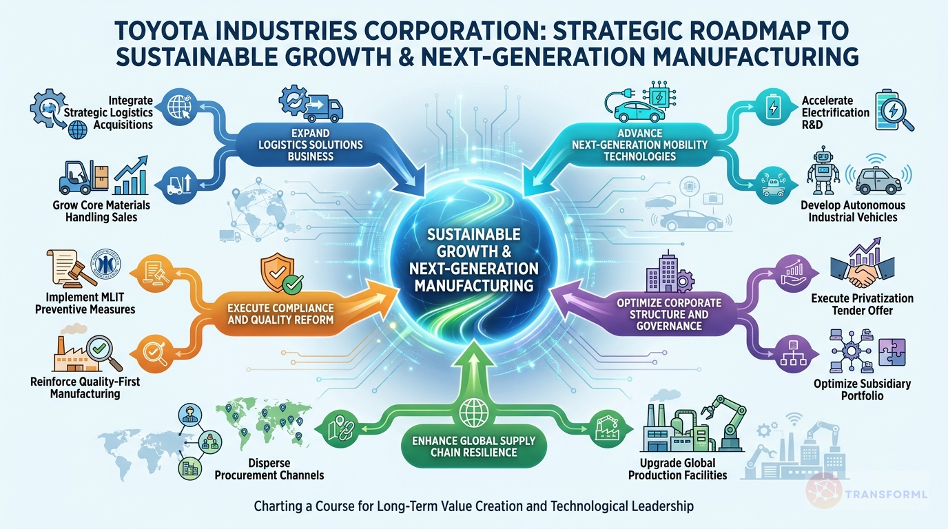 Toyota Industries Corporation strategy cascade analysis highlighting Logistics Solutions Expansion and Next-Generation Mobility & Electrification.