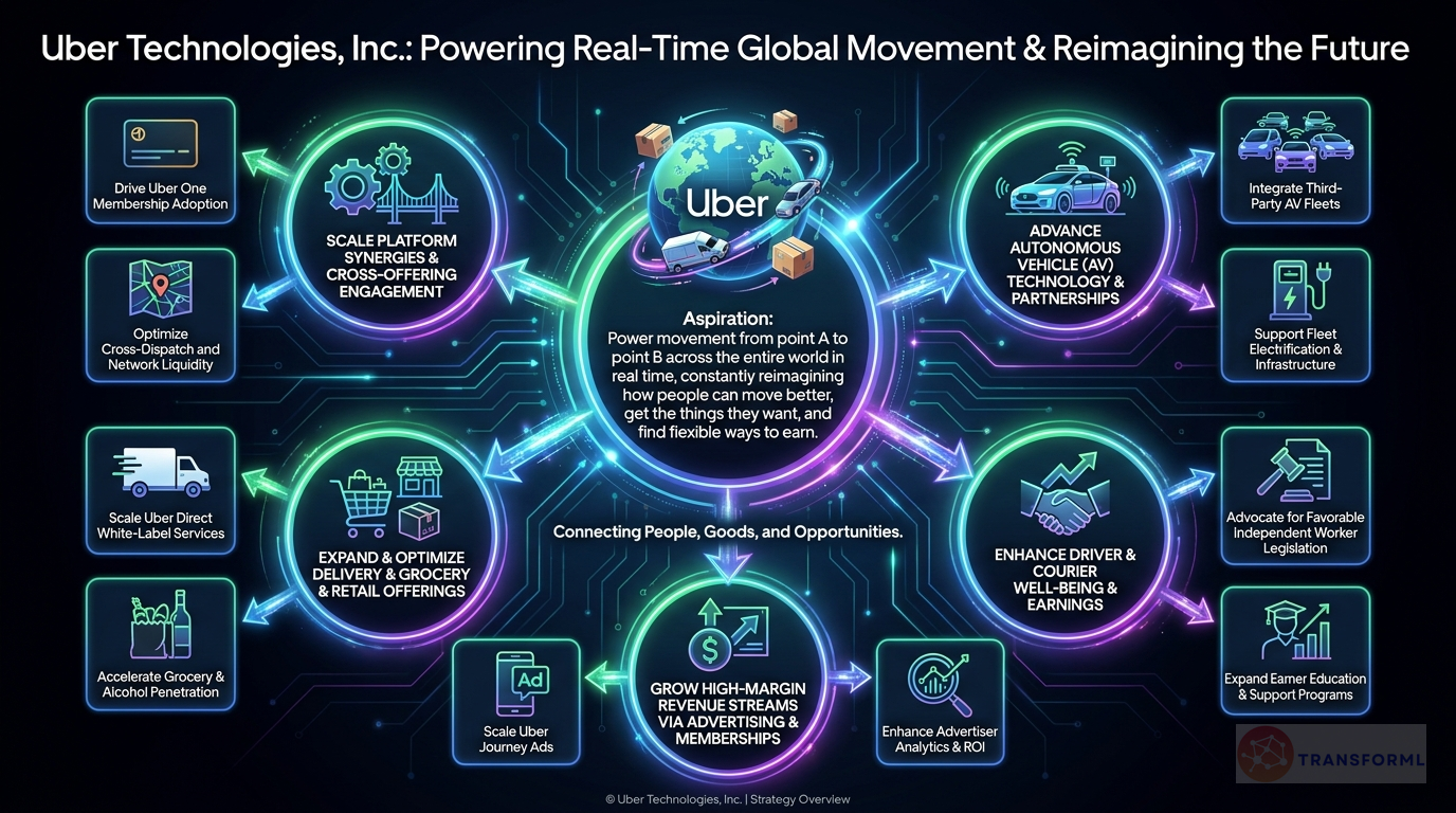 Uber Technologies, Inc. strategy cascade analysis highlighting Platform Synergies & Cross-Selling and Autonomous Vehicle Integration.