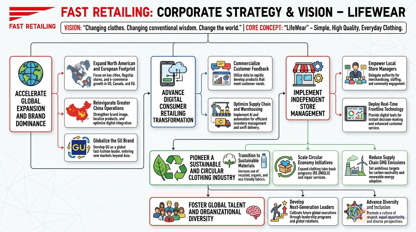 Fast Retailing Co., Ltd. strategy cascade analysis highlighting Global Expansion and Localization and Digital Consumer Retailing Transformation.