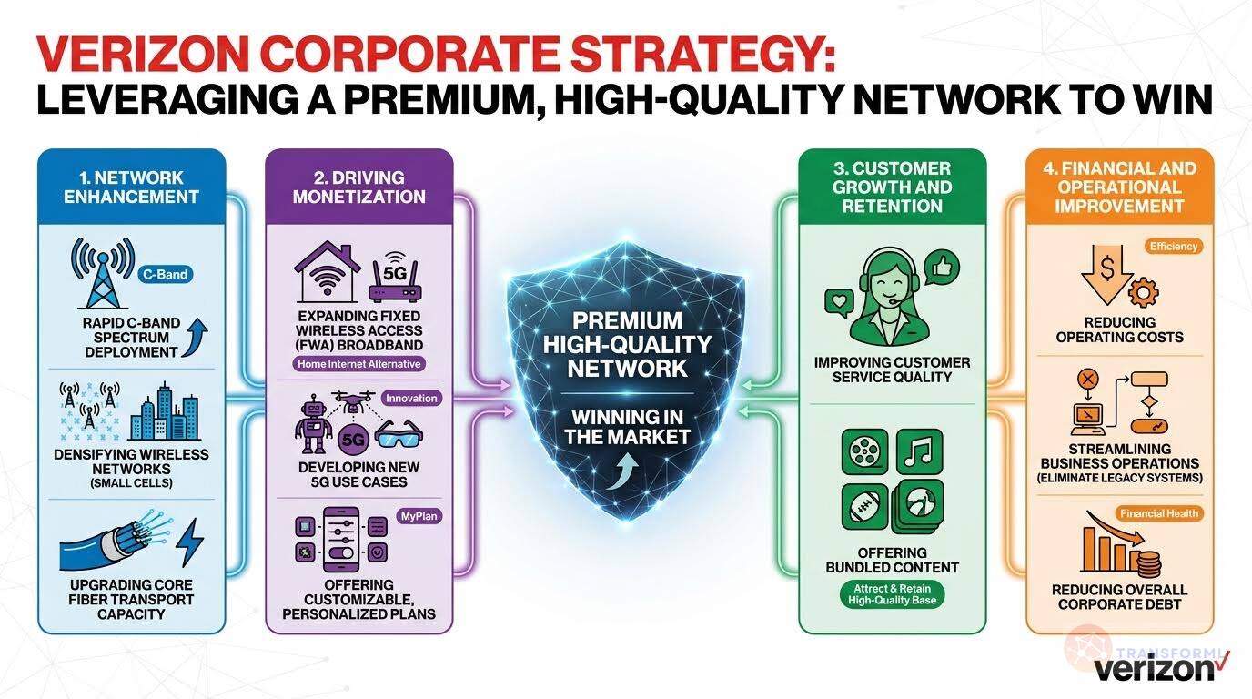 Visual breakdown of Verizon's corporate strategy showing network enhancement, 5G monetization, customer growth, and operational efficiency built around a premium high-quality network.
