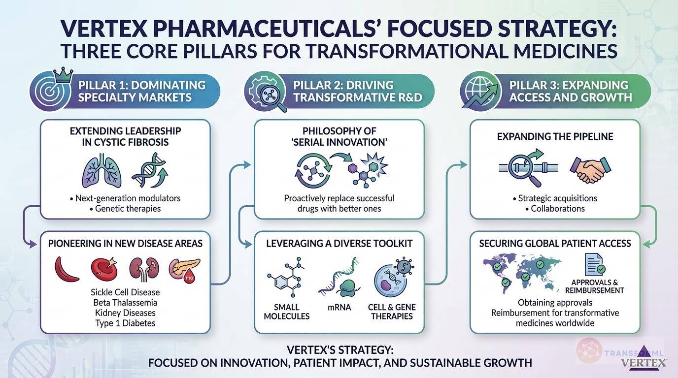 Strategy cascade diagram of Vertex Pharmaceuticals highlighting three core pillars: leadership in specialty markets, transformative R&D, and global access expansion for innovative medicines.