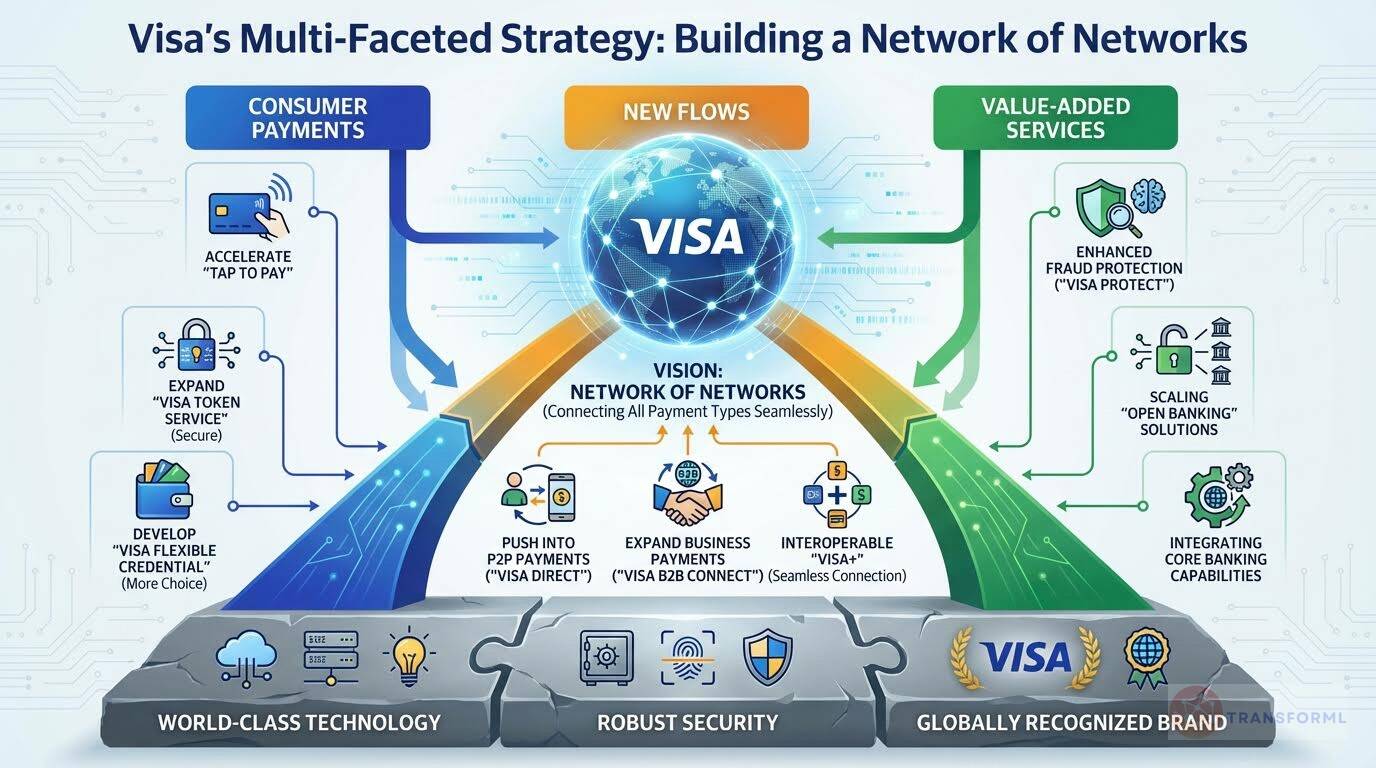 Visa multi-faceted strategy diagram illustrating a network-of-networks model with consumer payments, new payment flows, value-added services, fraud protection, and global payment infrastructure.