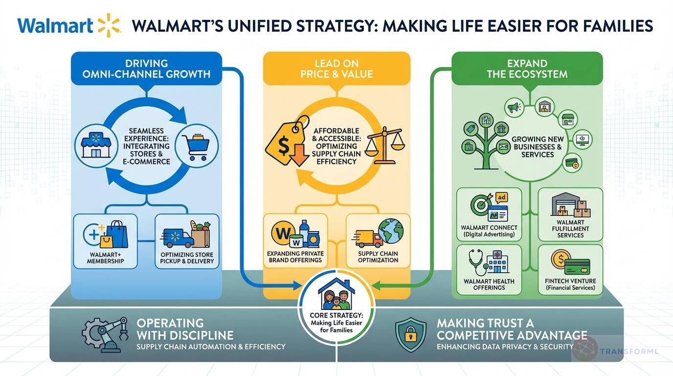 Infographic of Walmart's unified strategy showing omnichannel growth, price leadership, ecosystem expansion, supply chain efficiency, and trust through data privacy and security.