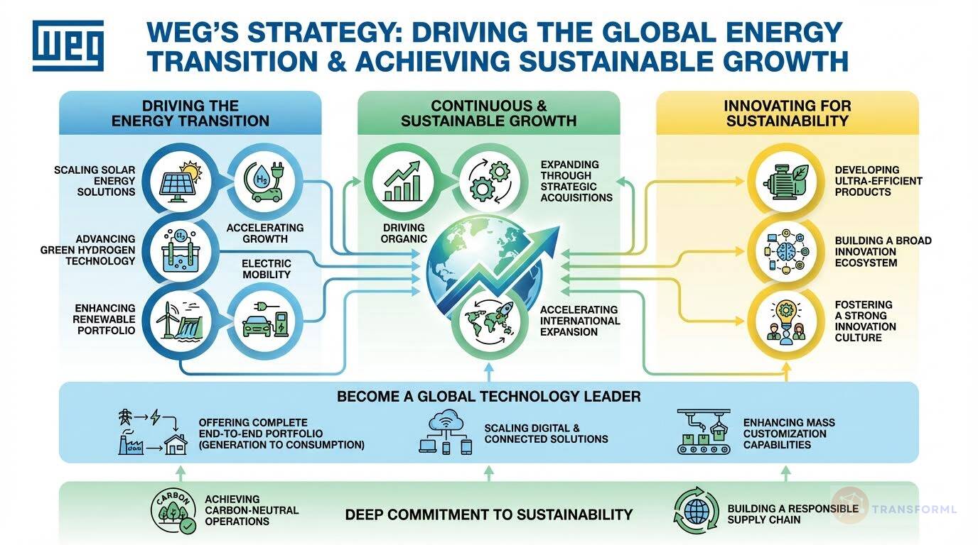 Diagram of WEG's global strategy for energy transition and sustainable growth, highlighting renewable energy, electric mobility, digital solutions, and innovation-led expansion.