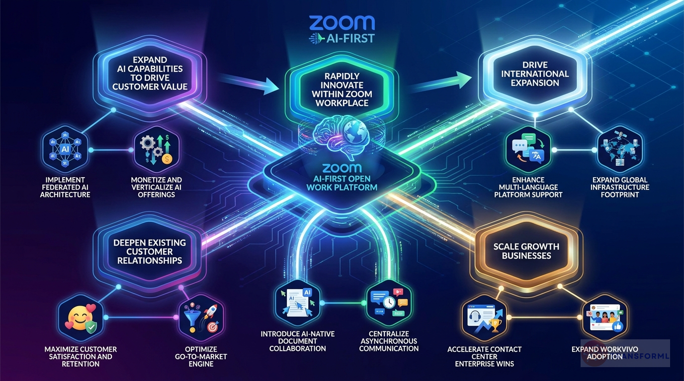 Zoom Video Communications, Inc. strategy cascade analysis highlighting AI-First Open Work Platform and Rapid Product Innovation.