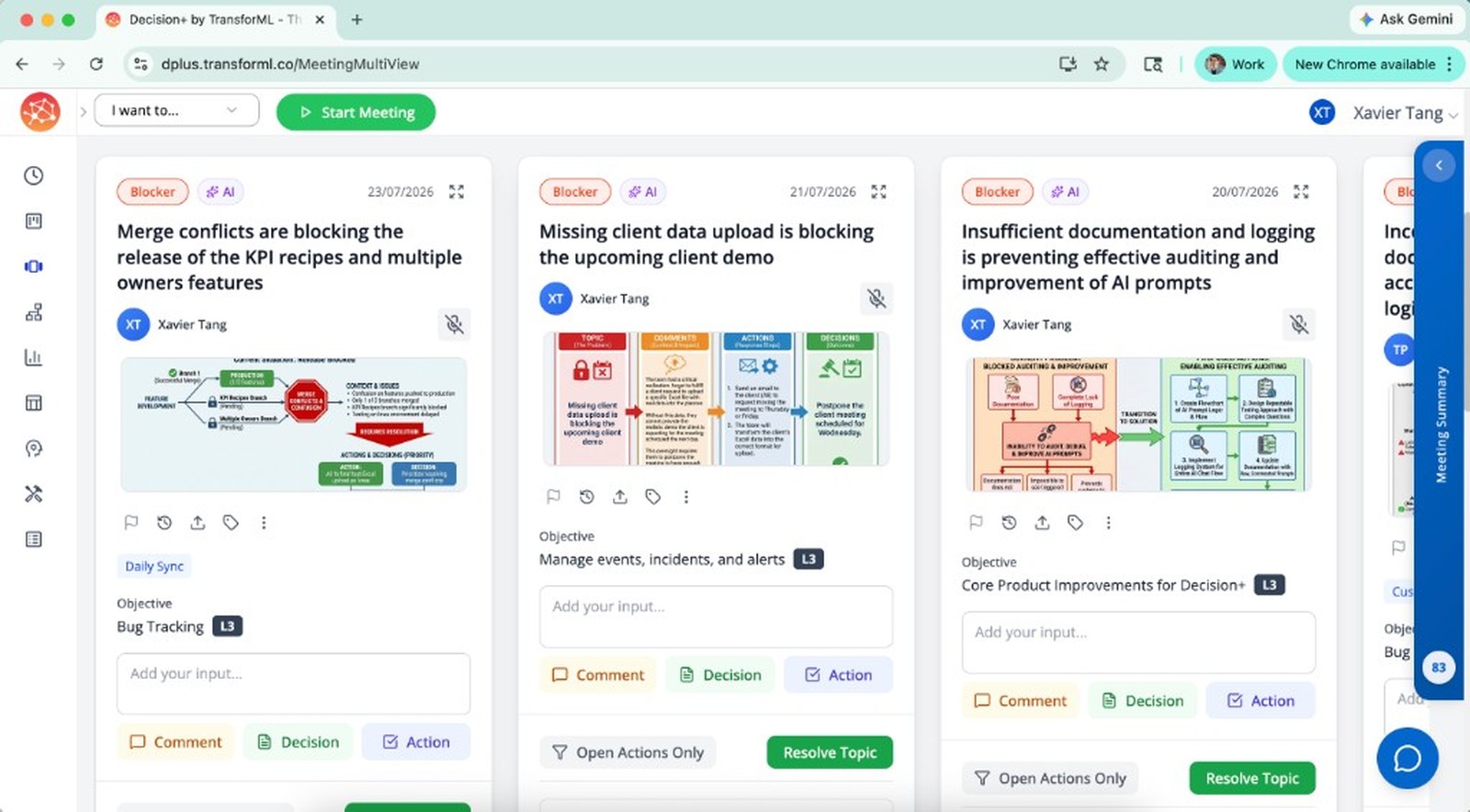 Decision+ meeting multi-view showing AI-captured blocker cards from meetings, chats and email, each with objectives and next actions.