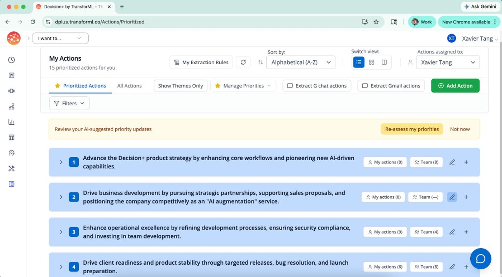 Decision+ My Actions view with sidebar navigation, showing prioritised strategic actions and AI-suggested priority updates.