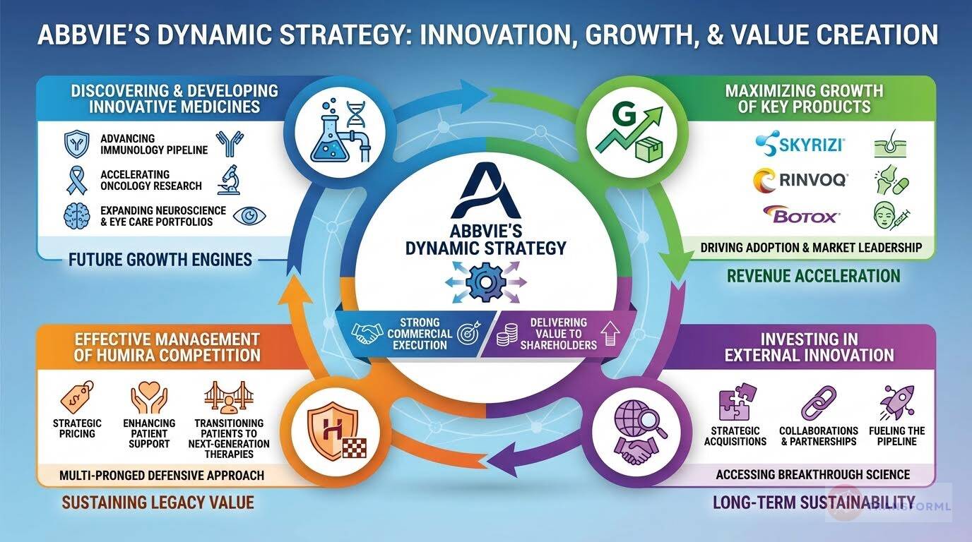 Dynamic strategy framework of AbbVie highlighting innovative medicine development, growth of key products, Humira competition management, external innovation, and long-term value creation.