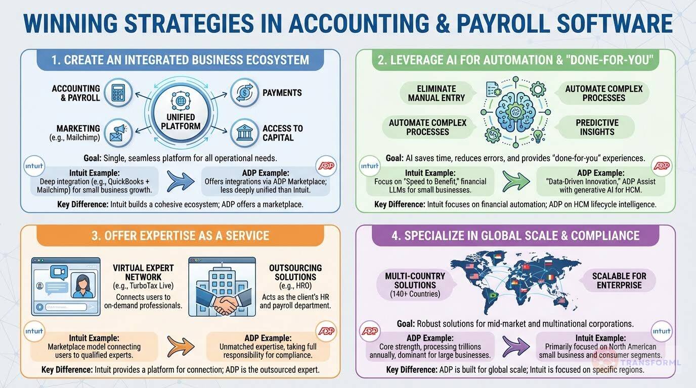 Accounting and payroll software strategy infographic comparing integrated ecosystems, AI automation, expert services, and global compliance at scale