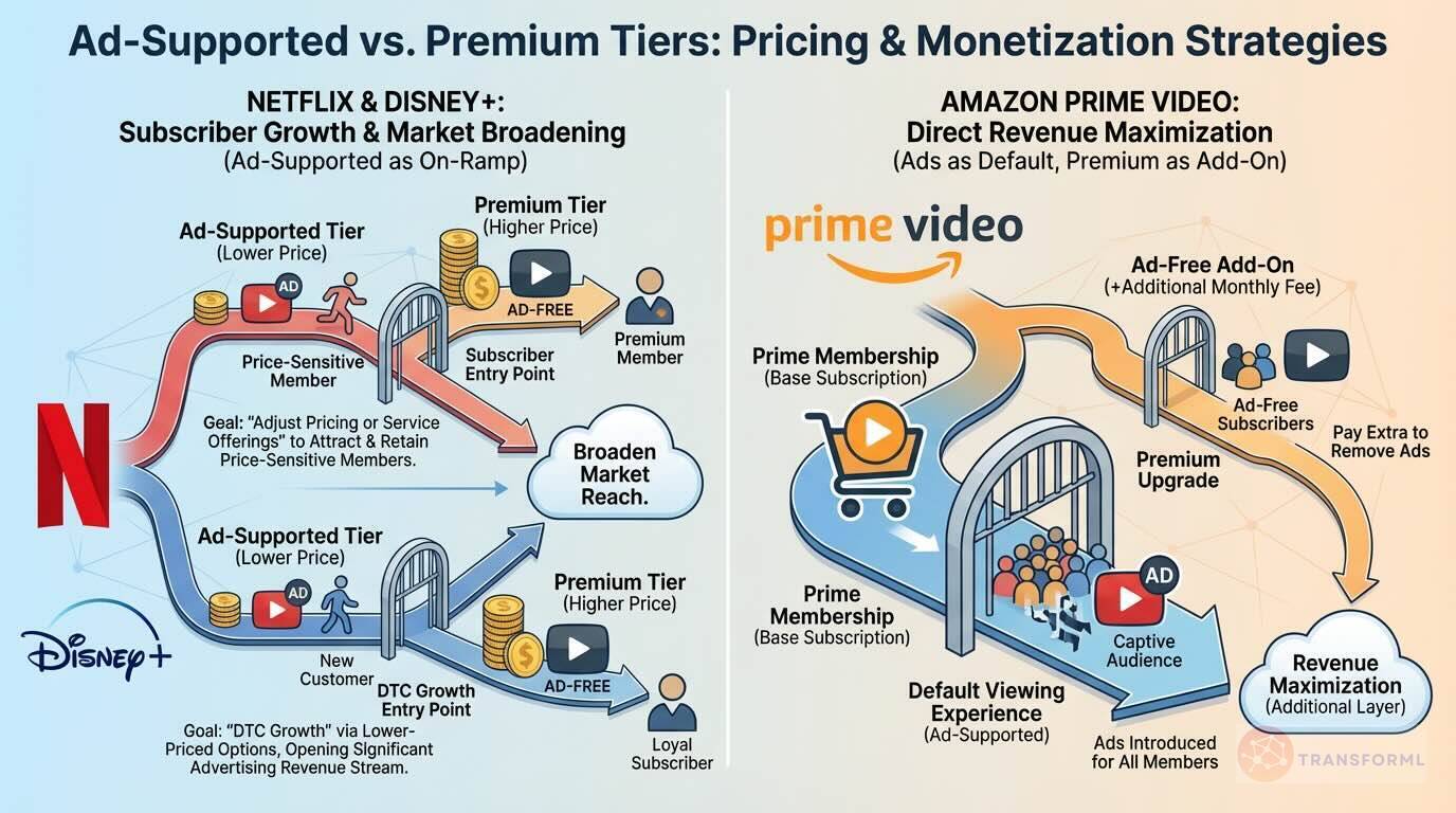 Pricing strategy comparison of Netflix, Disney+, and Amazon Prime Video, illustrating ad-supported tiers versus premium subscriptions and revenue monetization models.
