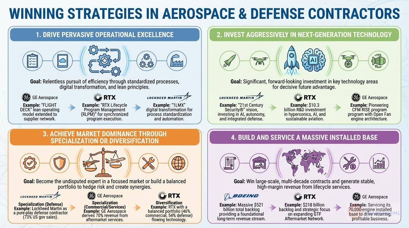 Aerospace and defense contractors strategy overview illustrating operational excellence, next-generation technology investment, specialization, and installed-base services