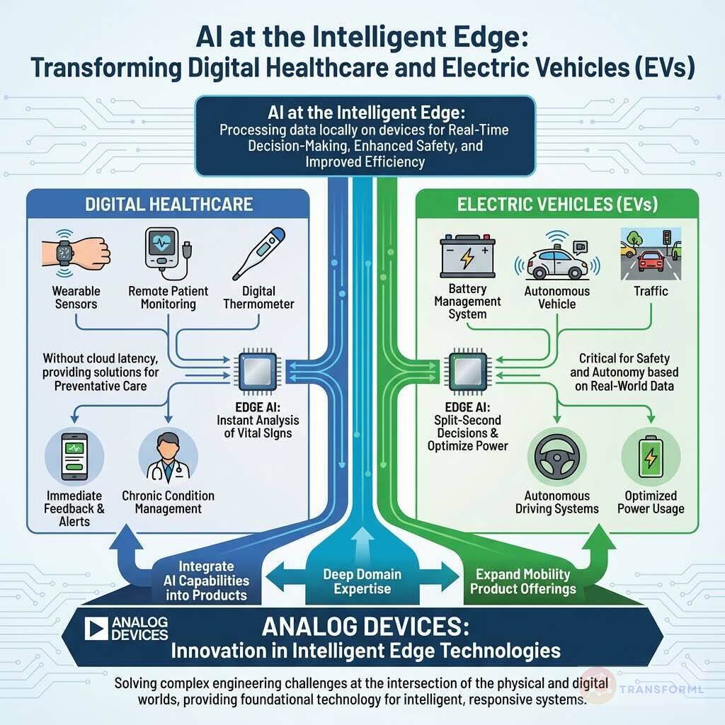 Diagram showing AI at the intelligent edge transforming digital healthcare and electric vehicles through real-time, on-device decision-making, safety improvements, and energy efficiency.