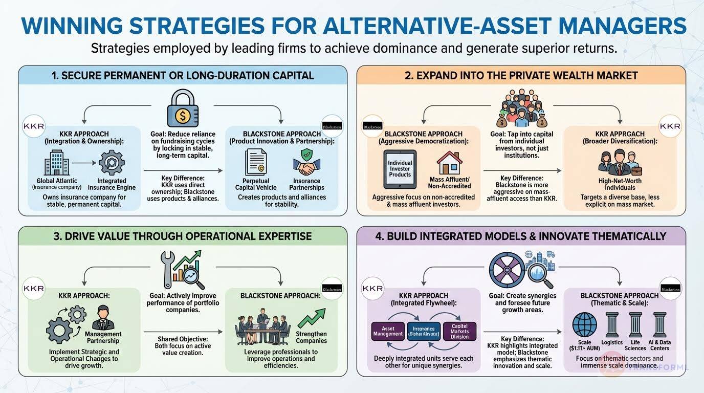 Alternative asset management strategy chart showing permanent capital, private wealth expansion, operational expertise, and integrated thematic investment models
