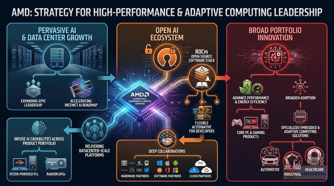 AMD corporate strategy diagram emphasizing high-performance and adaptive computing leadership through AI, data center growth, open software ecosystems, and diversified product innovation.