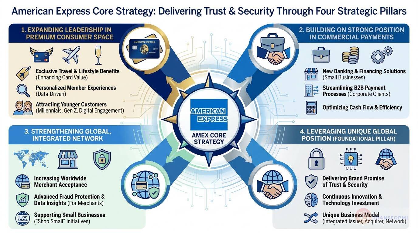 American Express core strategy visualization highlighting premium consumer leadership, commercial payments growth, global network expansion, fraud prevention, and trust-driven innovation.