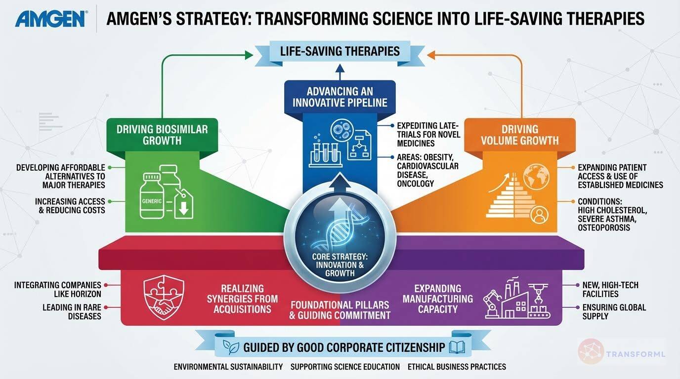Strategic overview of Amgen's approach to transforming science into life-saving therapies through innovative pipelines, biosimilar growth, acquisitions, and manufacturing expansion.