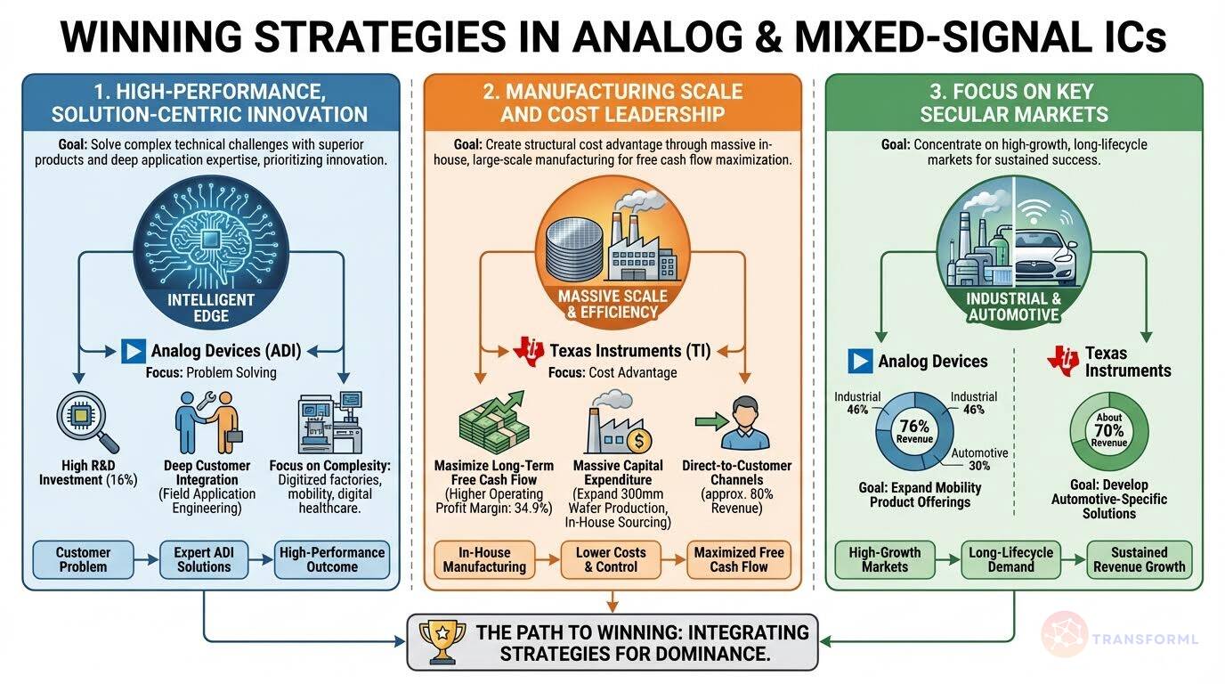 Analog and mixed-signal semiconductor strategy infographic focused on solution-centric innovation, manufacturing scale, cost leadership, and long-lifecycle markets