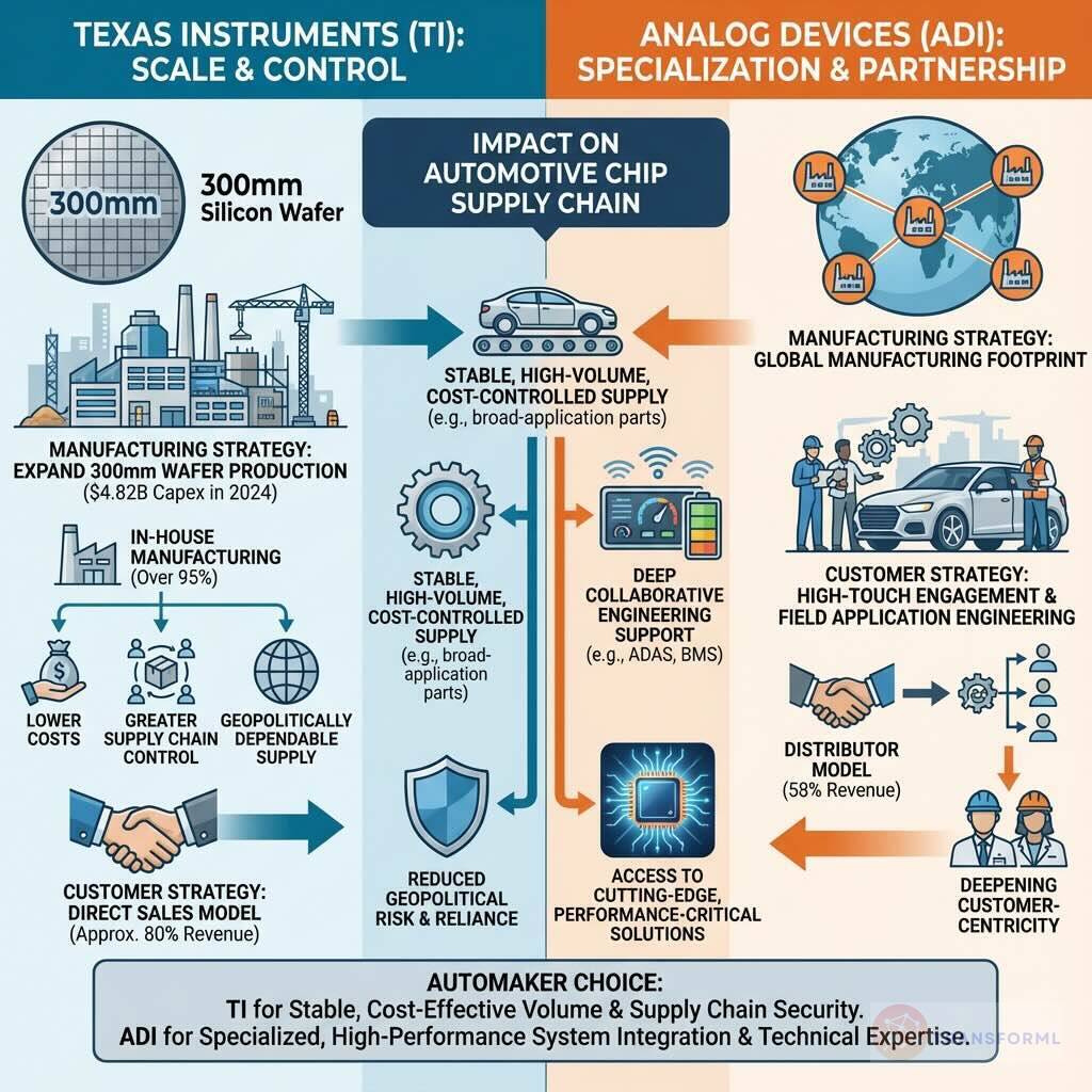 Comparison of Analog Devices and Texas Instruments manufacturing strategies and their impact on the automotive semiconductor supply chain, including scale, specialization, and system-level integration.