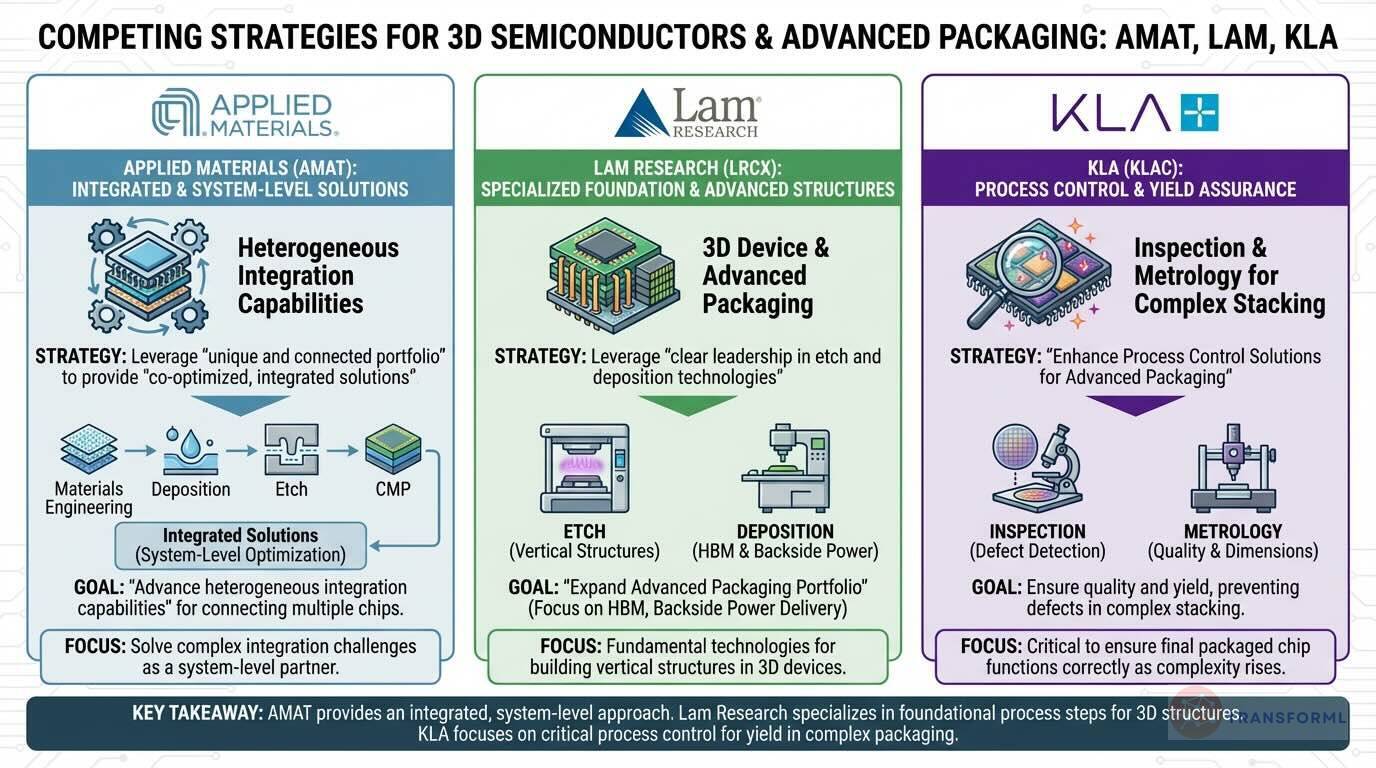 Infographic comparing Applied Materials, Lam Research, and KLA strategies for 3D semiconductors and advanced packaging, focusing on integration, etch technologies, and yield management.