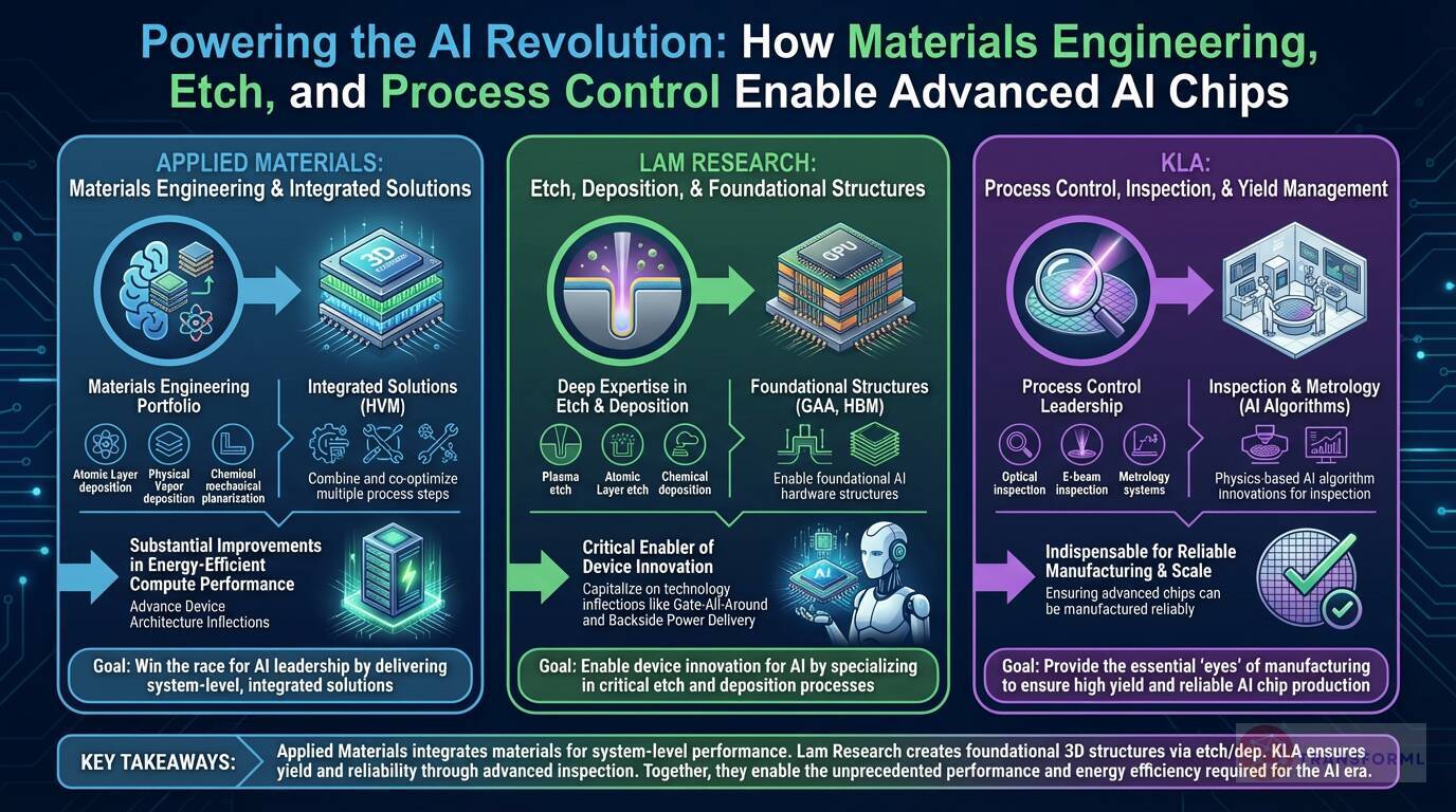 Visualization explaining how Applied Materials, Lam Research, and KLA enable advanced AI chips through materials engineering, etch and deposition, and process control technologies.