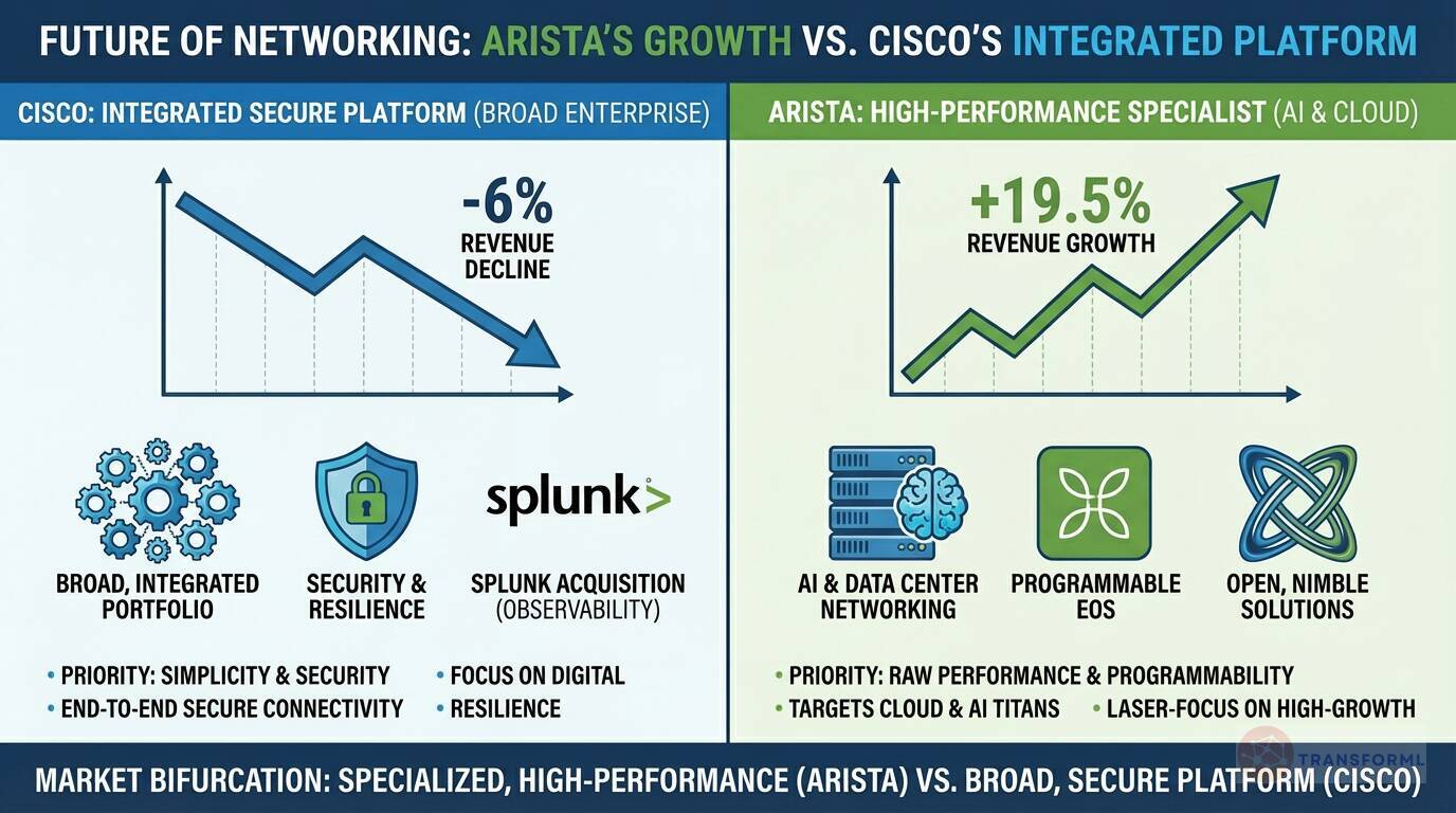 Future of networking comparison illustrating Arista's high-growth, AI-focused networking strategy versus Cisco's broad, integrated enterprise platform approach.