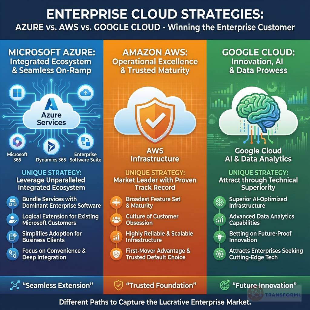 Enterprise cloud strategy comparison showing Microsoft Azure, Amazon AWS, and Google Cloud approaches to winning large enterprise customers.