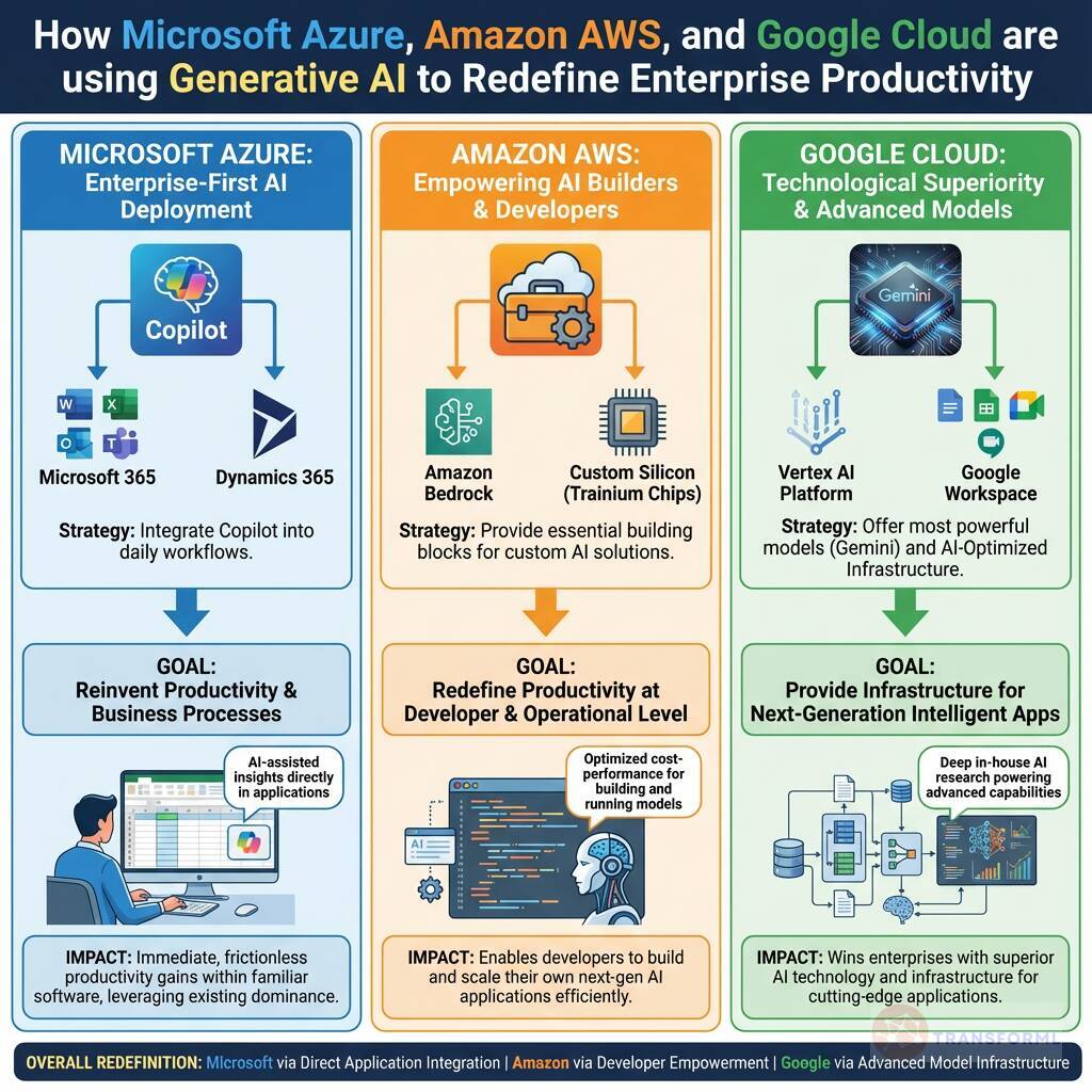 Infographic illustrating how Microsoft Azure, Amazon AWS, and Google Cloud use generative AI to improve enterprise productivity and workflows.