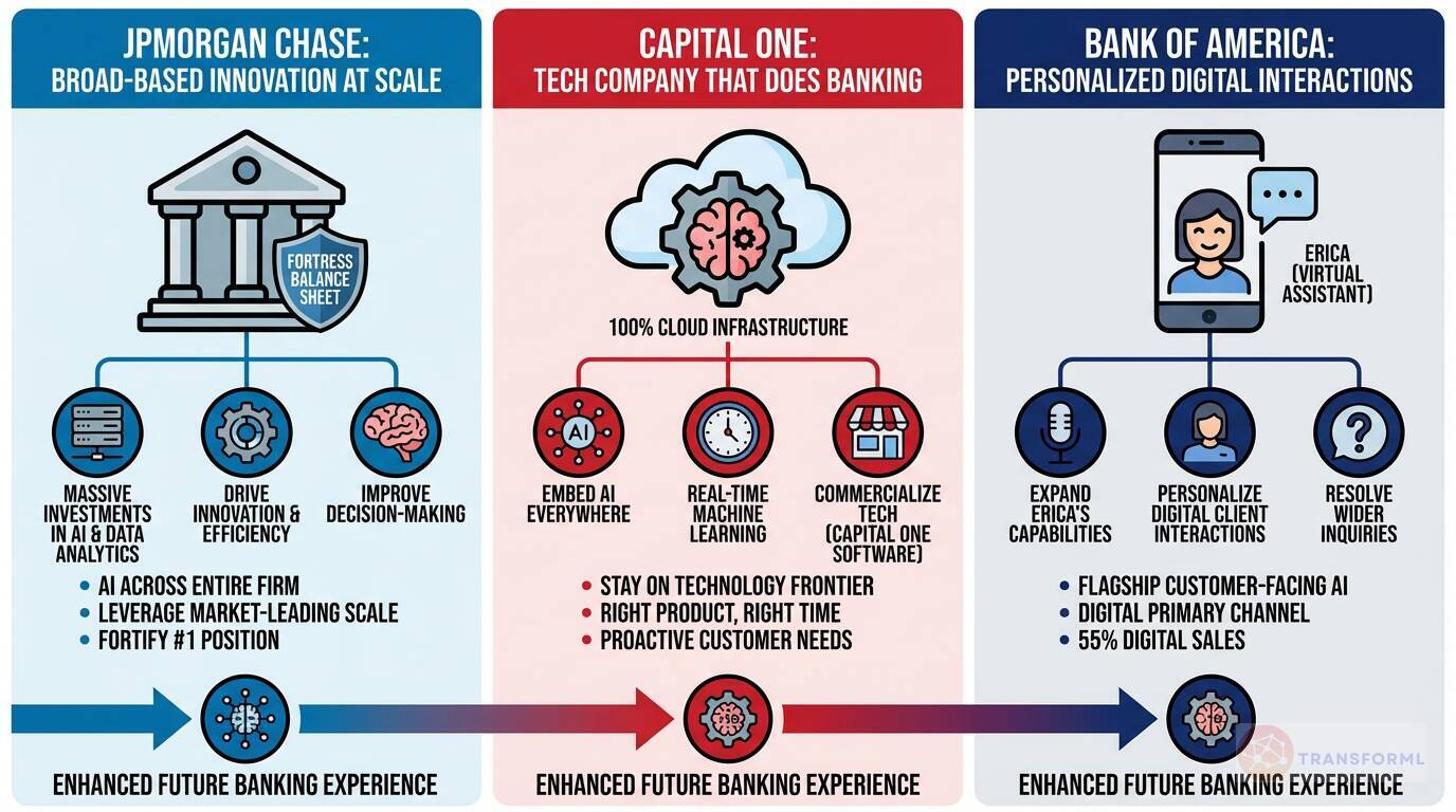 Banking AI and data strategy comparison showing JPMorgan Chase's enterprise-wide innovation, Capital One's cloud-native technology model, and Bank of America's personalized digital customer interactions.