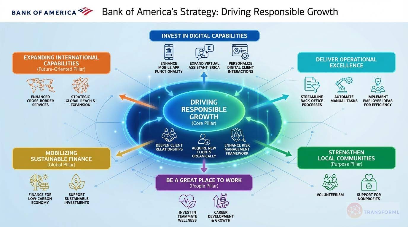 Bank of America strategy framework focused on driving responsible growth through digital capabilities, operational excellence, sustainable finance, community support, and employee development.