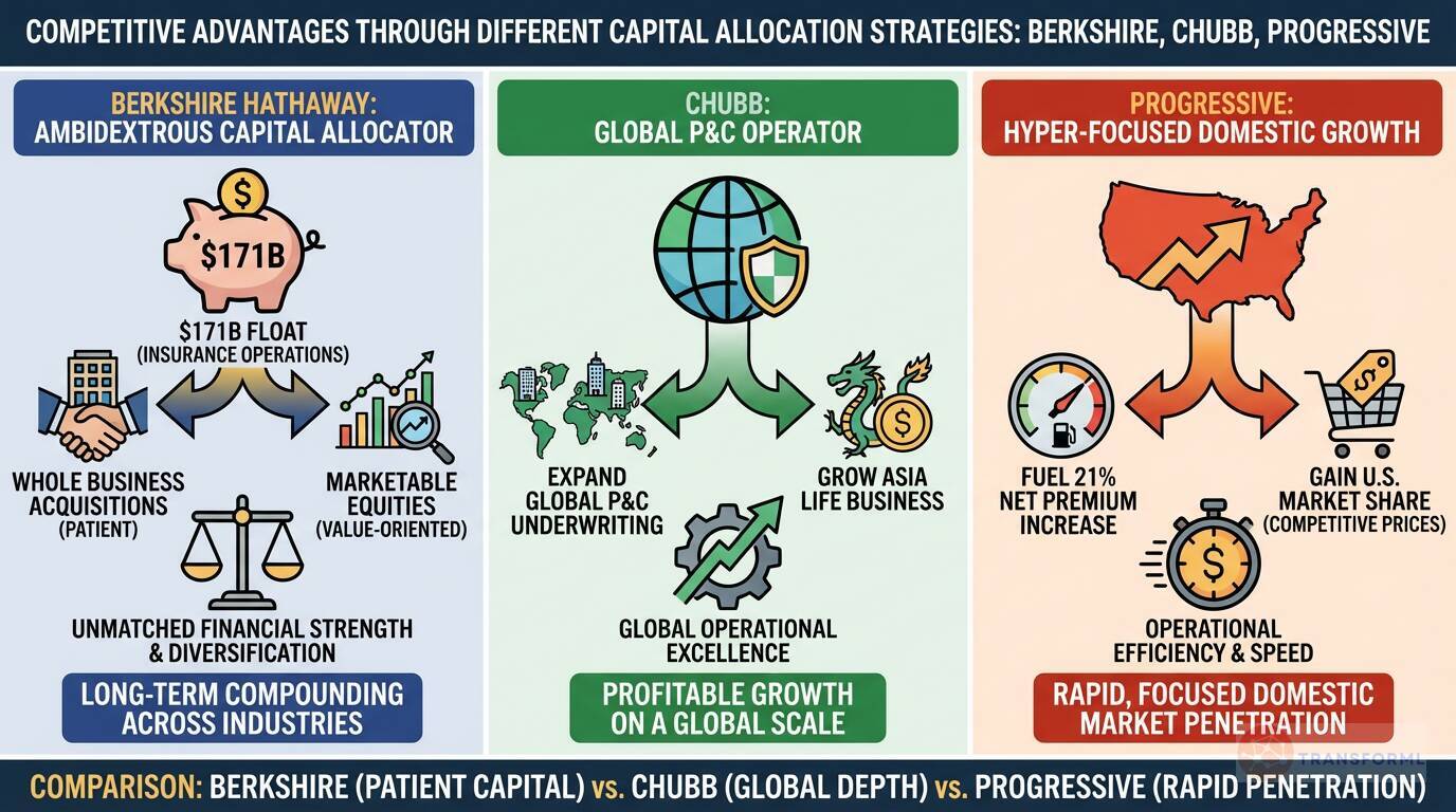 Visual comparison of capital allocation strategies at Berkshire Hathaway, Chubb, and Progressive, highlighting patient capital compounding, global insurance expansion, and rapid domestic market penetration.