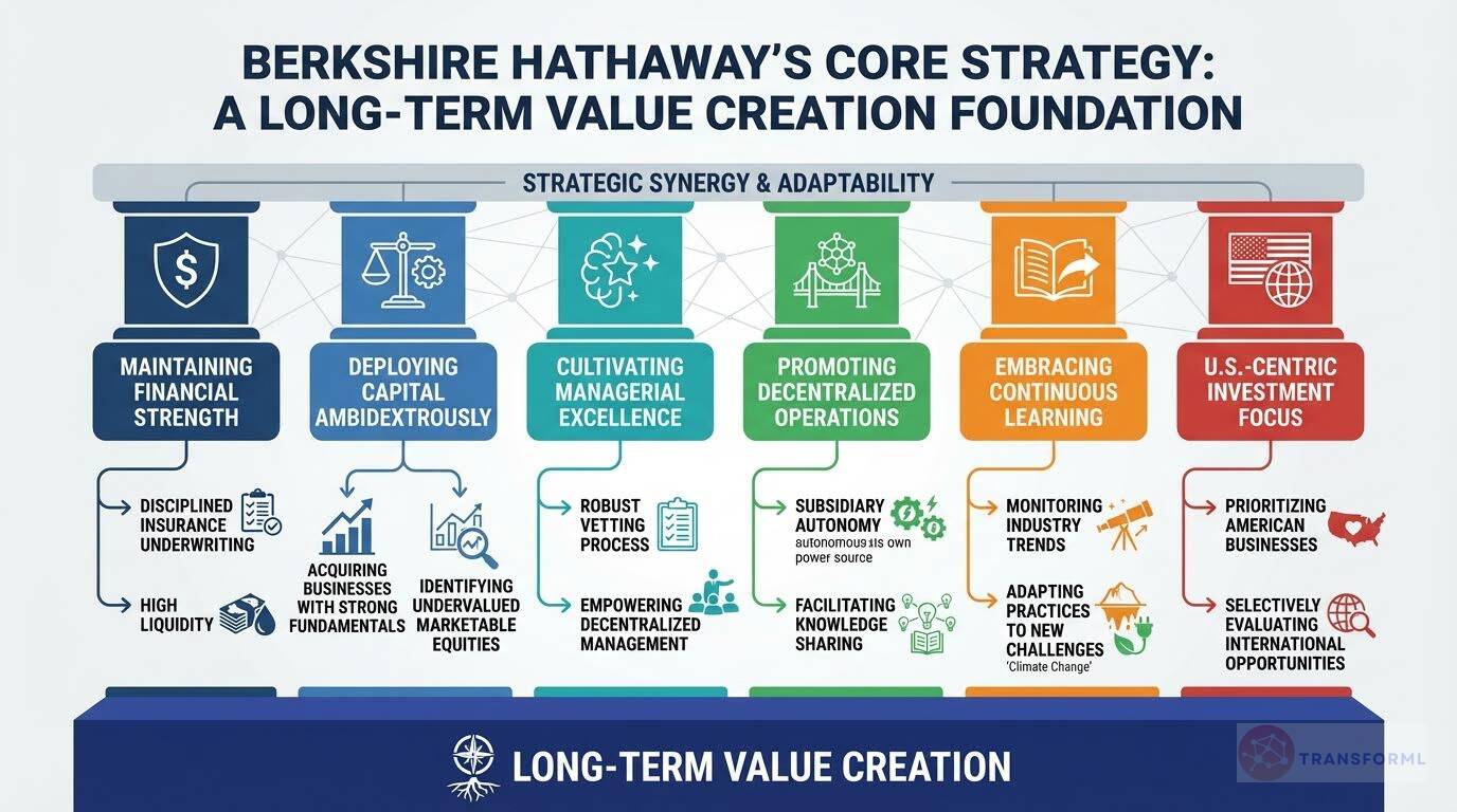 Berkshire Hathaway core strategy diagram illustrating long-term value creation through financial discipline, decentralized operations, capital allocation, managerial excellence, and continuous learning.