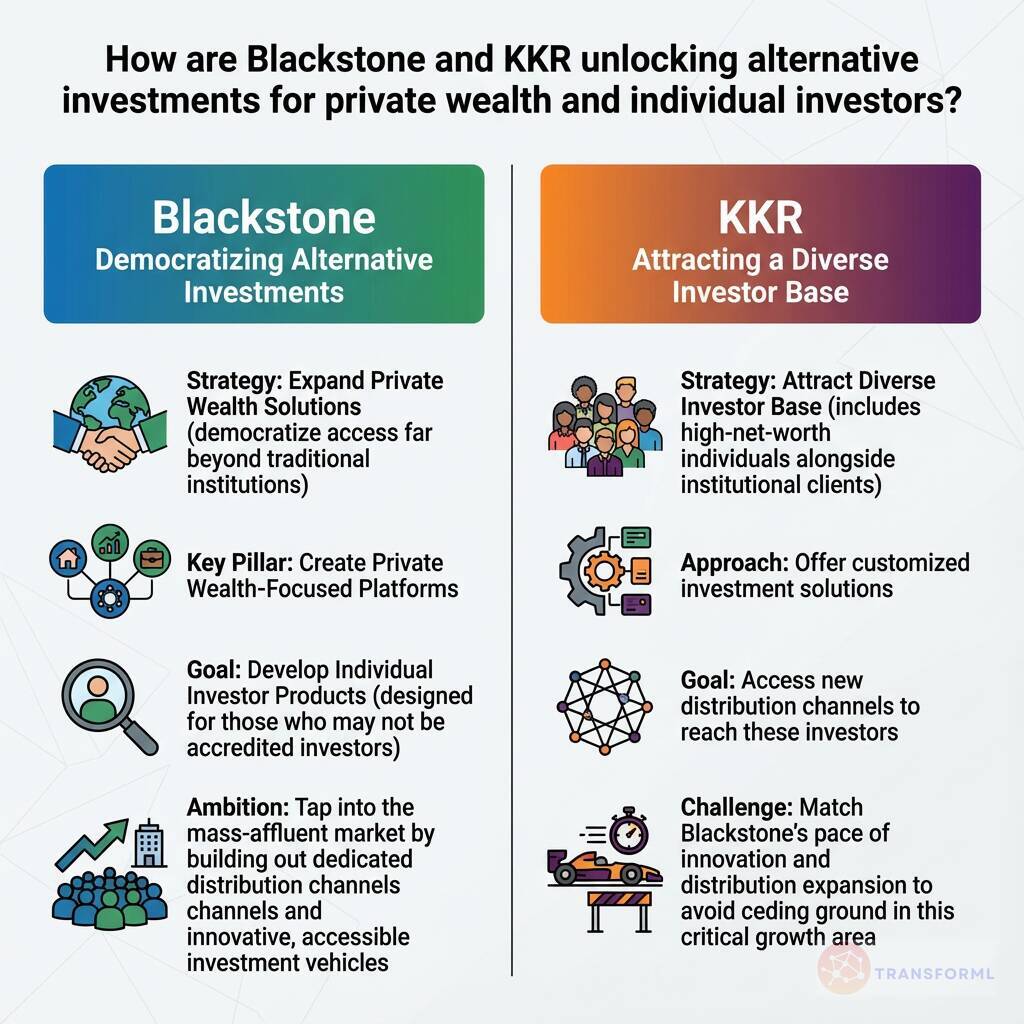 Side-by-side analysis of how Blackstone and KKR are expanding alternative investments for private wealth and individual investors, highlighting democratized access, customized solutions, and new distribution channels.