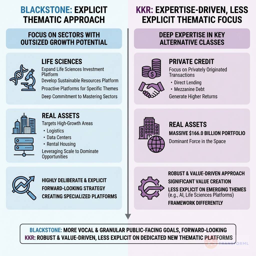 Investment strategy comparison of Blackstone and KKR, contrasting explicit thematic investing in life sciences and real assets with expertise-driven private credit and value-focused approaches.