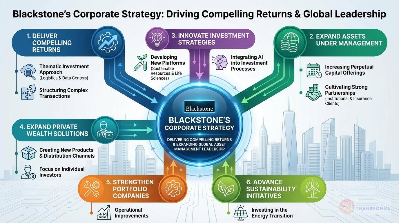 Blackstone corporate strategy framework outlining asset management growth, investment innovation, private wealth expansion, and sustainability initiatives