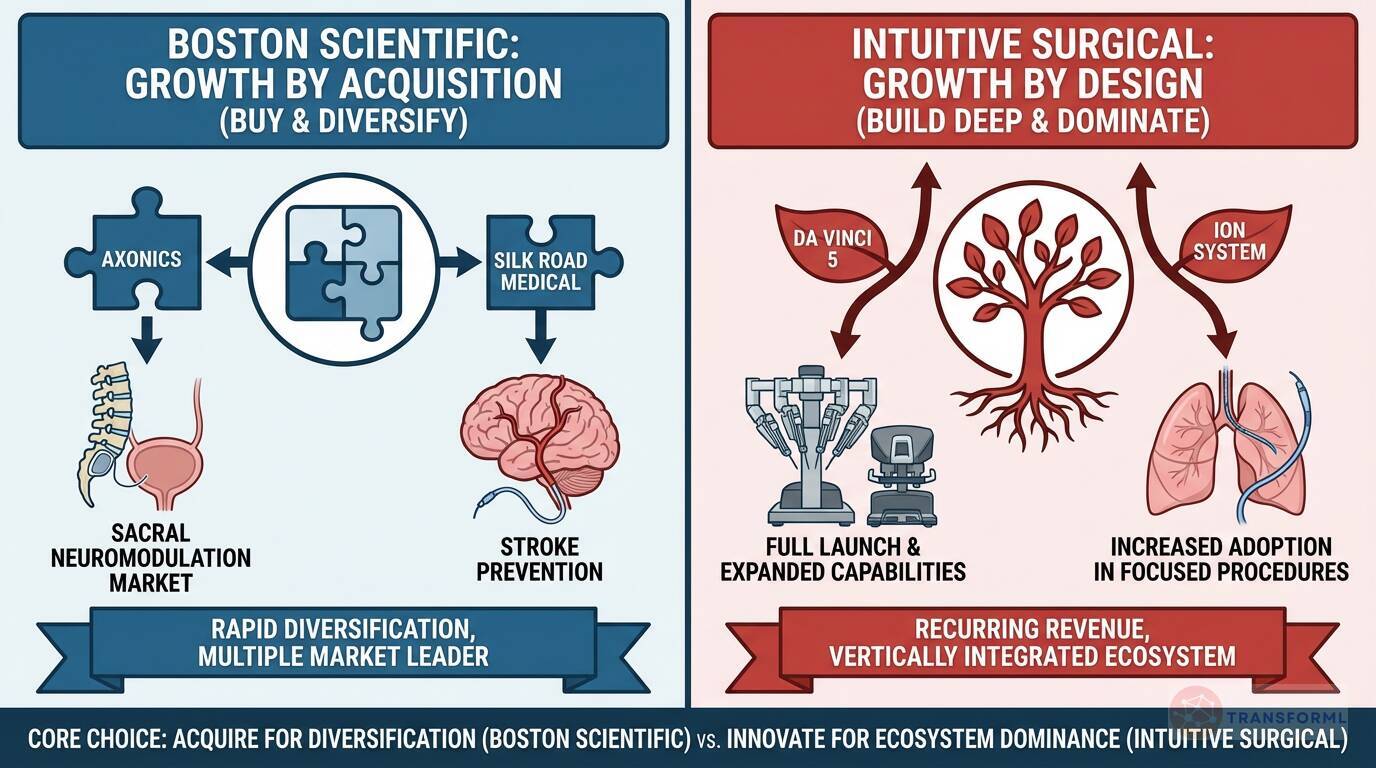 Medical device growth strategy comparison showing Boston Scientific's acquisition-driven diversification versus Intuitive Surgical's design-led ecosystem dominance.