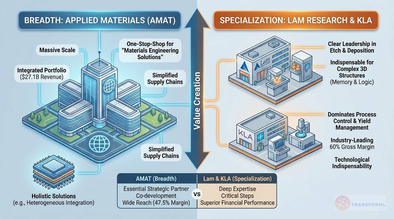 Semiconductor value creation comparison showing Applied Materials' broad integrated solutions versus Lam Research and KLA's specialized leadership in etch, deposition, and process control.