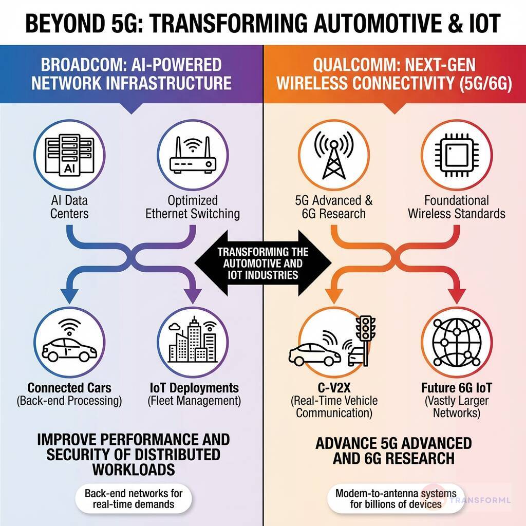 Visual comparison of Broadcom AI-powered network infrastructure and Qualcomm 5G/6G wireless connectivity transforming automotive and IoT industries.
