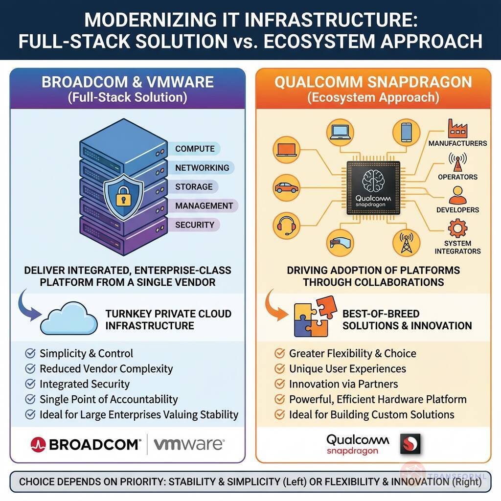 Comparison infographic showing Broadcom and VMware full-stack IT infrastructure strategy versus Qualcomm Snapdragon ecosystem approach for modernizing enterprise IT.