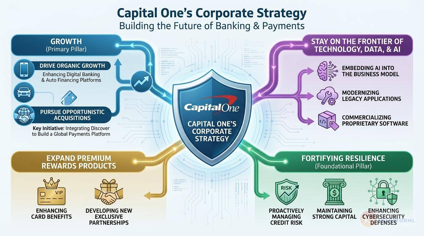 Capital One corporate strategy visualization showing growth through digital banking, payments innovation, AI-driven technology leadership, premium rewards expansion, and strong risk and cybersecurity foundations.