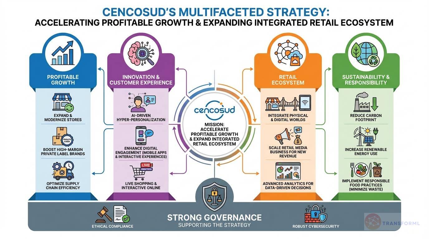 Infographic presenting Cencosud's multifaceted retail strategy focused on profitable growth, digital innovation, integrated retail ecosystems, and sustainability initiatives.