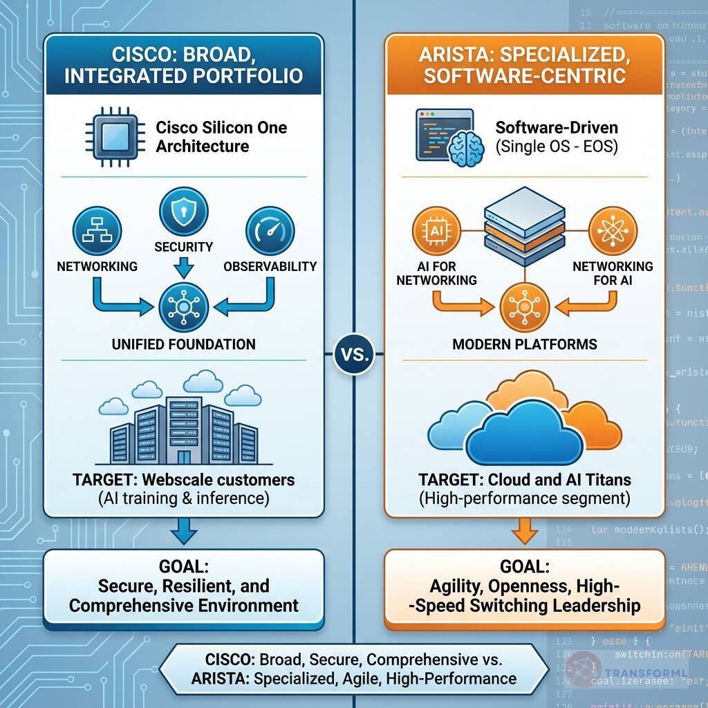 Data center networking comparison highlighting Cisco's broad, secure networking portfolio versus Arista's specialized, software-centric platforms for cloud and AI workloads.