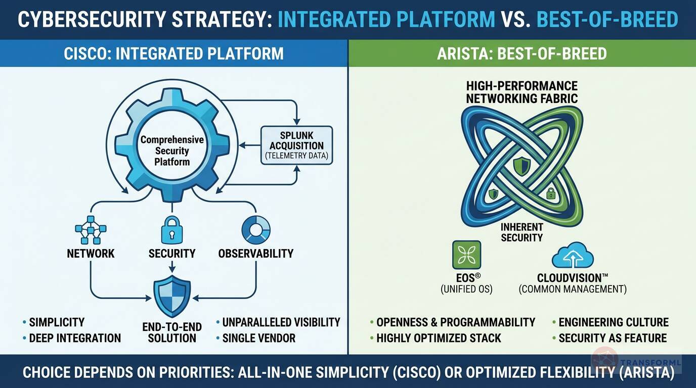 Cybersecurity strategy comparison showing Cisco's integrated, end-to-end security platform versus Arista's best-of-breed, high-performance networking-centric security model.