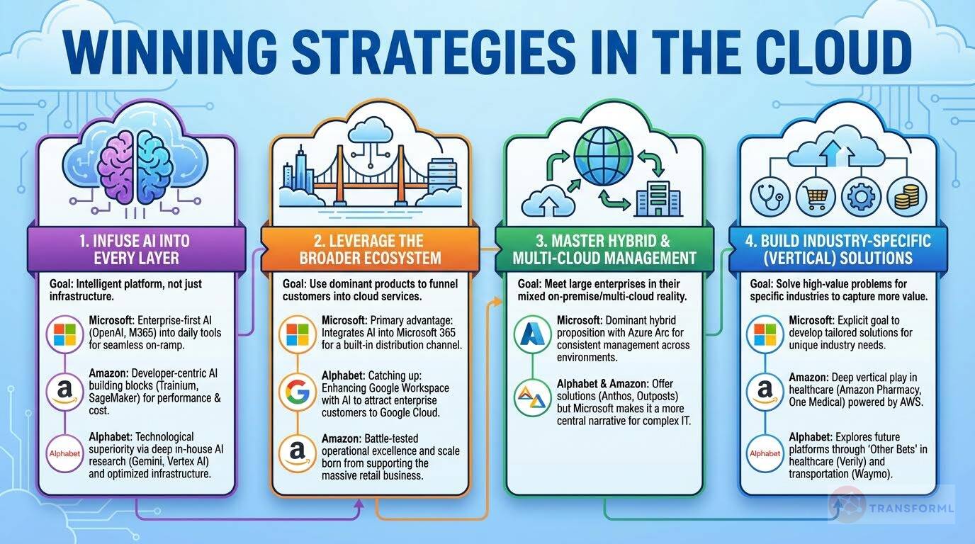Cloud industry strategy infographic showing how hyperscalers win through AI integration, ecosystem leverage, hybrid and multi-cloud management, and vertical cloud solutions