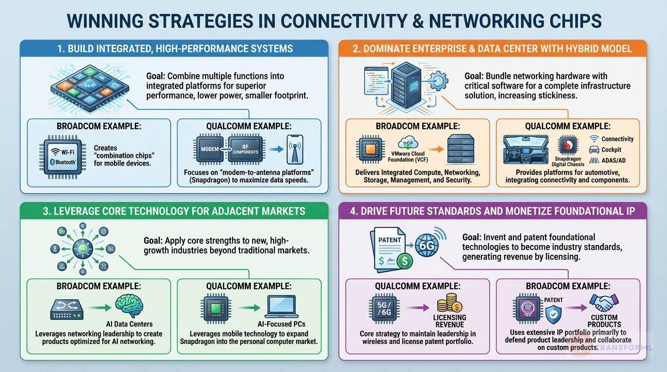 Strategic infographic on connectivity and networking chips, comparing Broadcom and Qualcomm approaches to integrated systems, data-center dominance, IP monetization, and adjacent market expansion