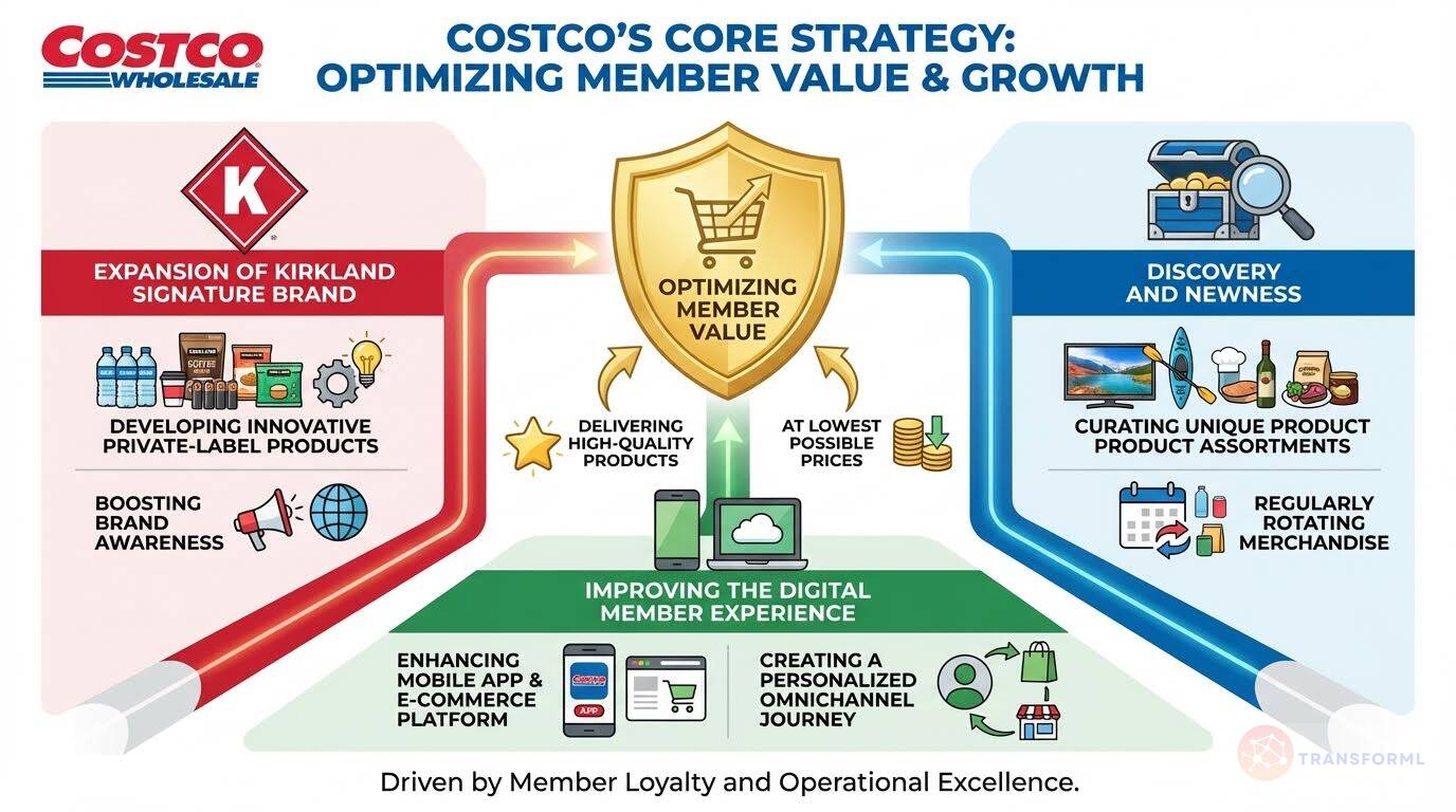 Strategic framework of Costco's member-value model emphasizing Kirkland Signature expansion, curated assortments, digital experience improvement, and loyalty-driven growth.
