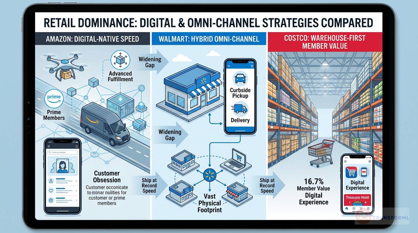 Retail dominance comparison of Amazon, Walmart, and Costco digital and omnichannel strategies, illustrating fulfillment speed, physical footprint, and member value approaches.