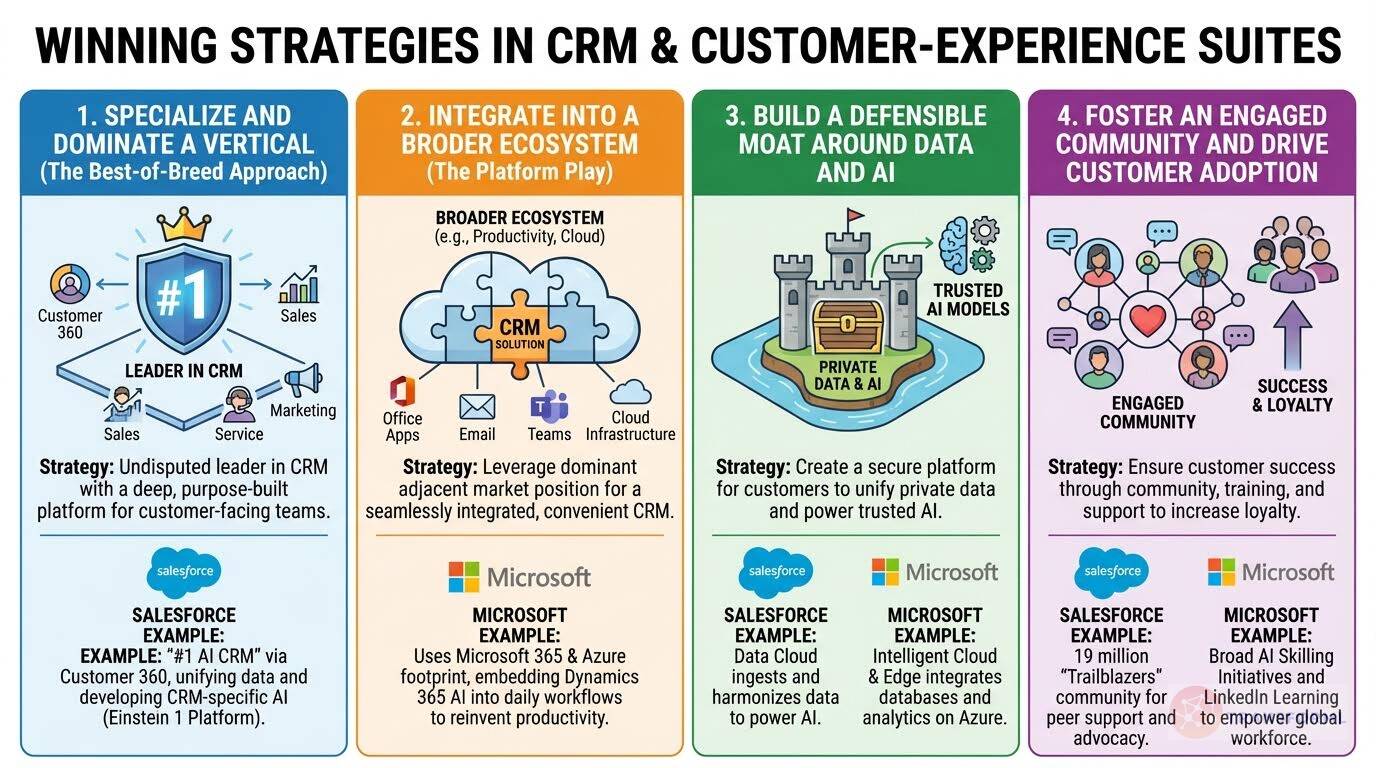 CRM and customer experience strategy diagram highlighting vertical specialization, ecosystem integration, data and AI moats, and customer community adoption