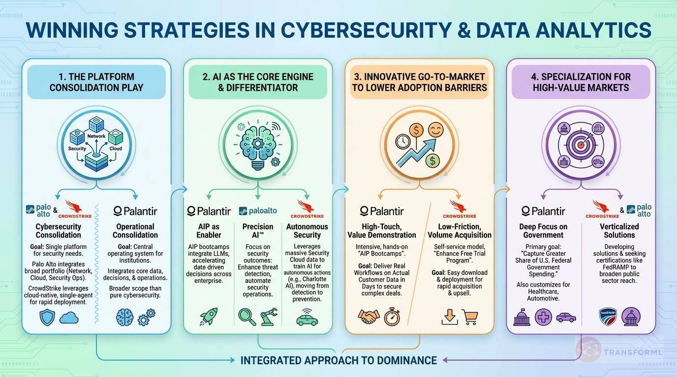 Infographic comparing winning strategies in cybersecurity and data analytics, highlighting platform consolidation, AI-driven security, go-to-market innovation, and vertical specialization